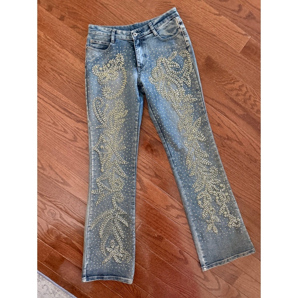 VTG Y2K Beaded Rhinestone Flare Jeans Med Wash Blue Italian